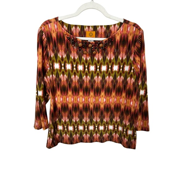 Ruby Rd. Tops - Ruby Rd. Patterned Blouse Embellished Neckline 3/4 Sleeves Women's Size Large